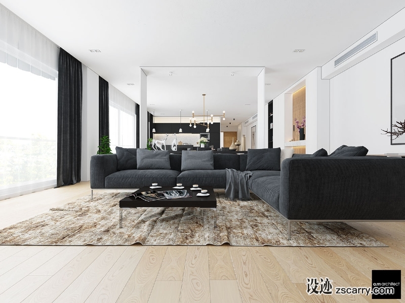 charcoal-and-white-minimalist-home.jpg 家装参考,客厅,现代风格,
