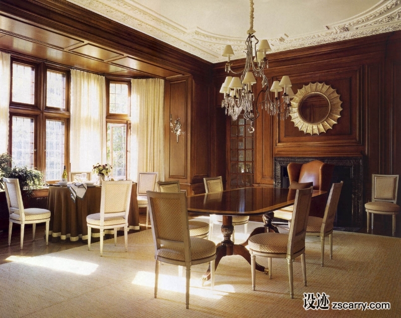 14-This+Baronial+dining+room+was+given+a+modern+boost+with+nineteenth+century+painted+French+chairs+and+raffia+carpet.+.jpg 家装参考,餐厅,传统风格,