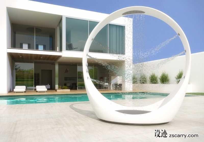 modern-white-circle-shower-outside.jpg 家装参考,户外空间,户外洗浴,