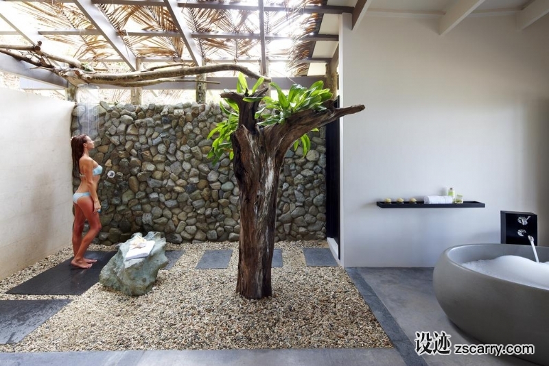 pebbled-with-tree-outdoor-shower-faucets.jpg 家装参考,户外空间,户外洗浴,