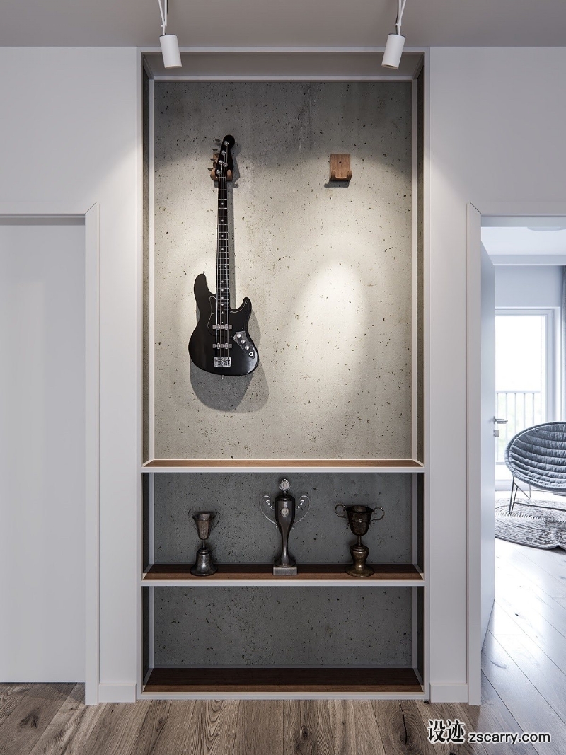 home-guitar-display-with-industrial-influences.jpg 局部参考,硬装元素,书架壁龛,