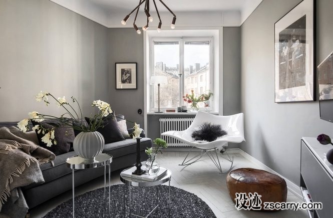 A-Cozy-Grey-Scandinavian-Studio-Apartment-01.jpg 软装参考,客厅搭配,现代气氛,