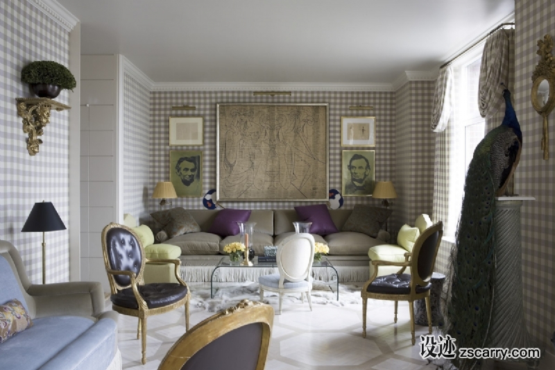 07-This+room+unites+several+periods+and+styles+in+a+modern+way+through+the+deft+use+of+small+and+large+scale+patterns.+.jpg 软装参考,客厅搭配,简欧气氛,