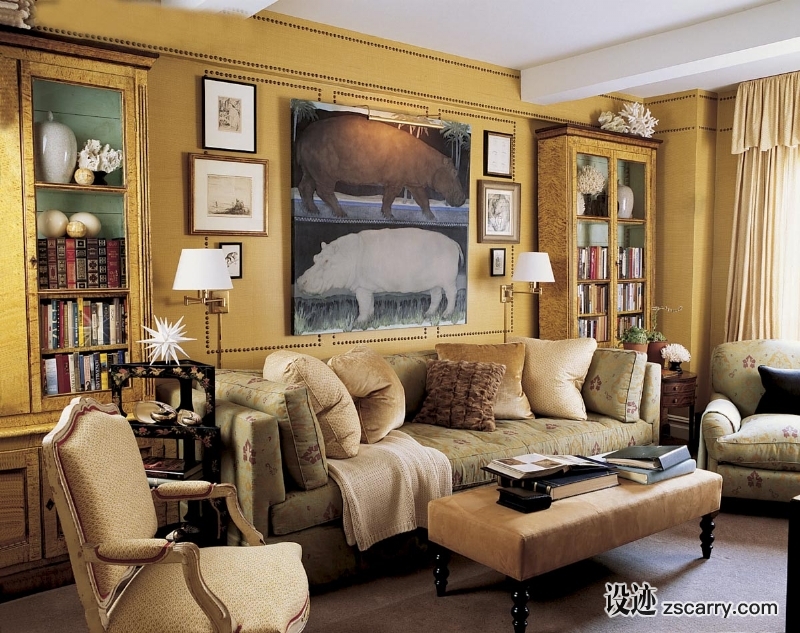 12-A+refreshing+take+on+an+English+paneled+library+uses+nailhead+architectural+details+to+great+effect.+.jpg 软装参考,客厅搭配,简欧气氛,
