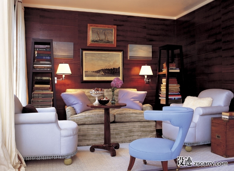 13-Ice+blue,+aubergine,+tobacco+brown,+and+spring+green+animate+this+charming+library.+.jpg 软装参考,客厅搭配,简欧气氛,