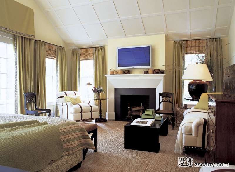 12-The+geometry+of+the+architectural+panels+in+the+ceiling+is+reinforced+with+the+brown+banding+applied+to+the+white+upholstery.+.jpg 软装参考,卧室搭配,简欧气氛,