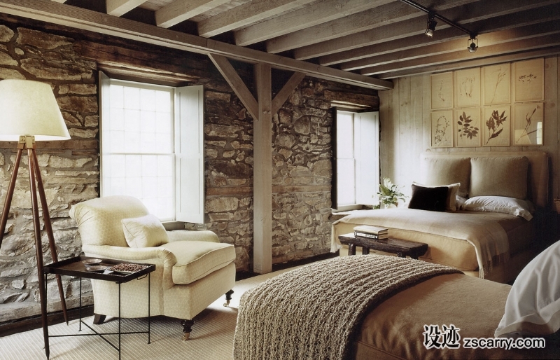 11-This+guest+room+is+rustic+and+relaxing.+The+exposed+stone+walls+add+great+dimension+and+texture.+.jpg 软装参考,卧室搭配,乡村气氛,