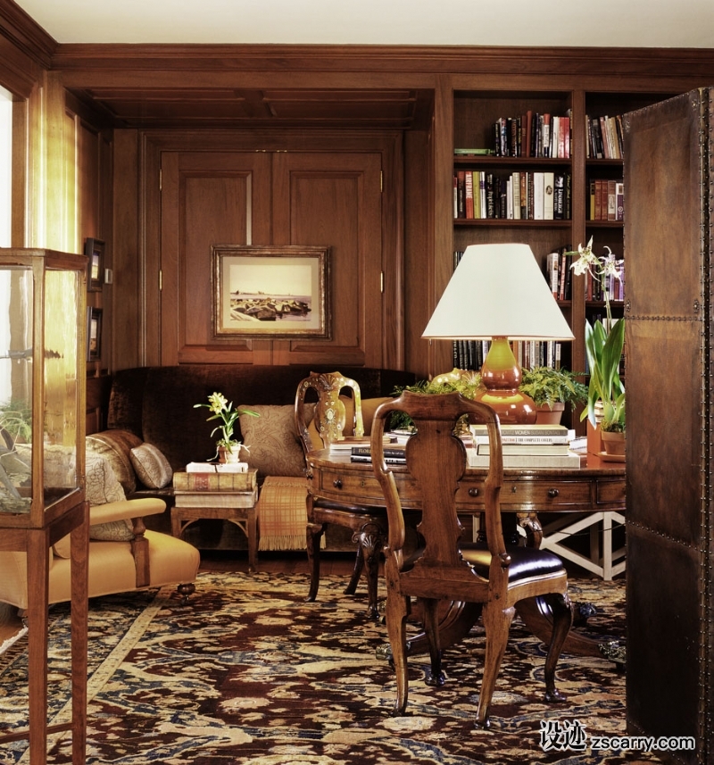 07-A+gentlemans+study+in+Katonah+is+a+testimonial+to+the+warmth+and+integrity+of+its+materials+and+intent.+.jpg 软装参考,书房搭配,传统气氛,
