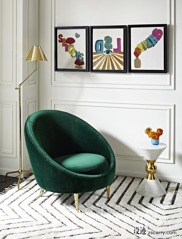 MaisonObjet2018-Jonathan-Adler-Living-room-Ether-chair-in-Rialto-emerald-velvet-St-Germain-floor-lamp-beaded-wall-art.jpg 软装参考,局部搭配,休闲角,