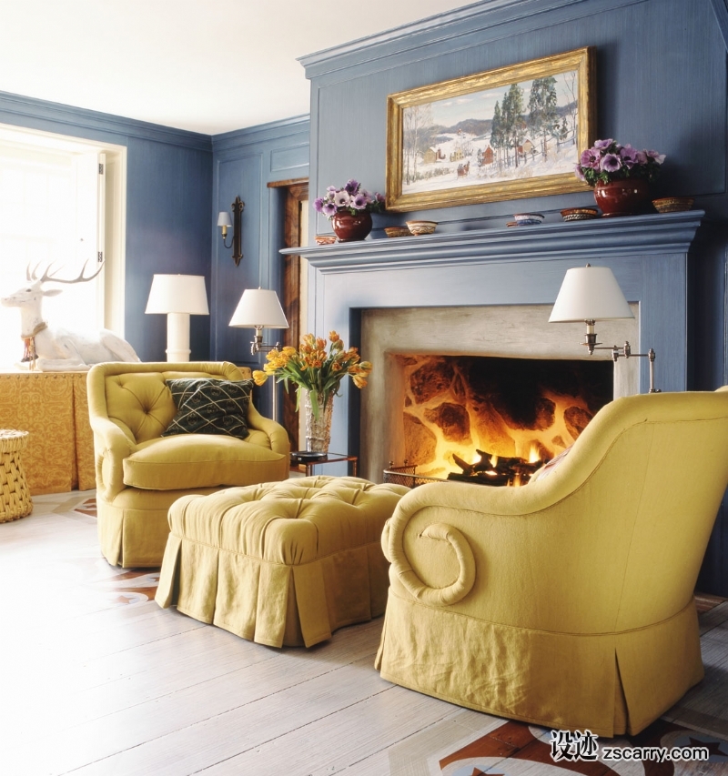 02-Cobalt+blue+walls+are+a+historic+nod+to+the+great+reception+rooms+of+George+Washingtons+Mt.+Vernon.+.jpg 软装参考,局部搭配,壁炉前,