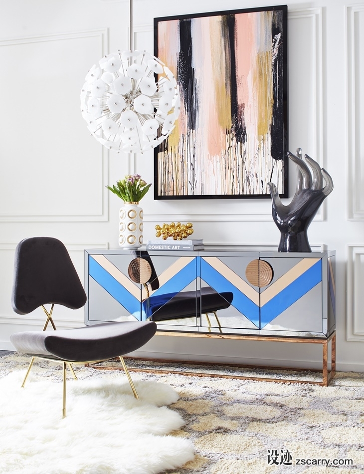 MaisonObjet2018-Jonathan-Adler-Living-room-Nouvelle-credenza-Maxime-lounge-chair-in-Rialto-charcoal-velvet.jpg 软装参考,饰品陈列,长桌摆设,
