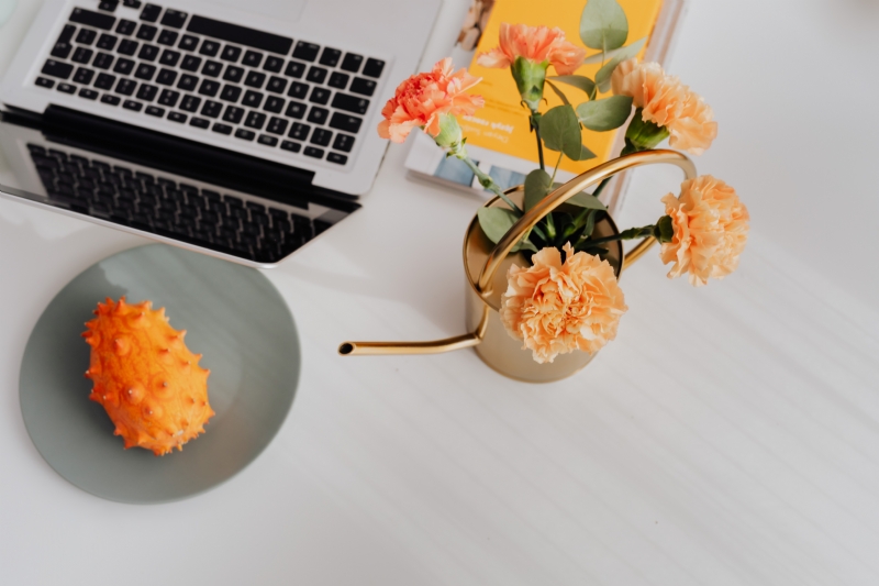 kaboompics_MacBook laptop & orange Dianthus (carnation or clove pink) flowers on desk, kiwano fruit.jpg 参考素材,灵感来源,色彩搭配,