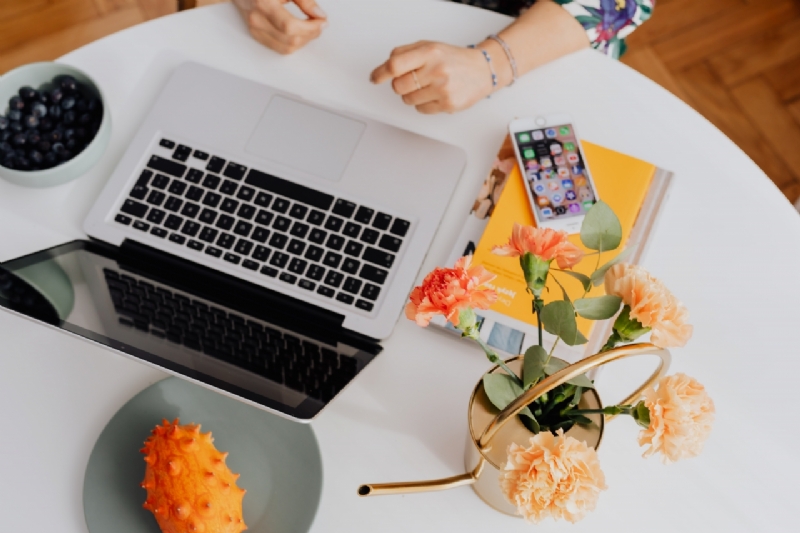 kaboompics_MacBook laptop & orange Dianthus (carnation or clove pink) flowers on desk, kiwano fruit-2.jpg 参考素材,灵感来源,色彩搭配,
