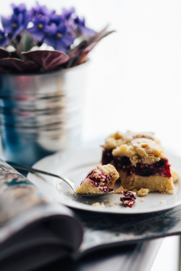 典雅高贵 kaboompics_Purple flowers in a pot with a fruit cake.jpg