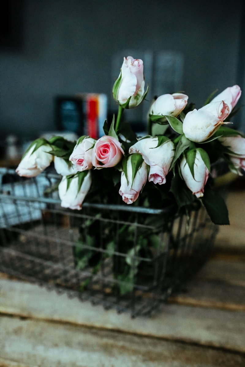 kaboompics_Pink flowers in a metal basket.jpg 软装参考,花艺搭配,西方风格,