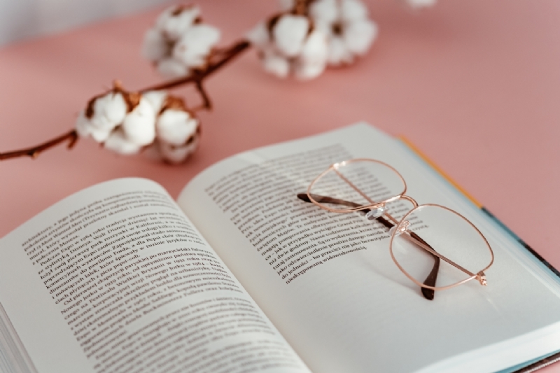 kaboompics_An open book, glasses and a cotton branch on a pink background-2.jpg 方案配图,客户爱好,阅读,