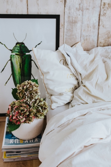 现代风格 kaboompics_White bed sheets with a picture of a green beetle and a pot plant on a stack of magazines.jpg